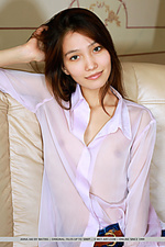 Anna aki anna aki strip her long sleeves and jeans on the couch baring her slim body.