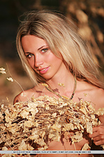 Fresh, naturally beautiful blonde unihibitedly naked amidst a dry grassland.